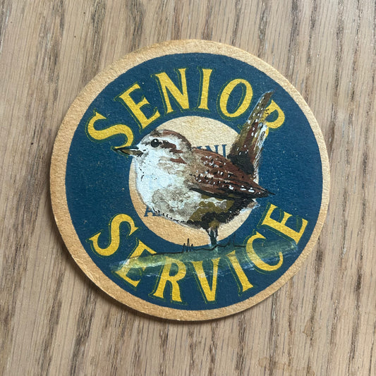 A Wren painted onto a Senior Service tobacco drinks mat from the 1950s. Beermat painting. Watercolour.