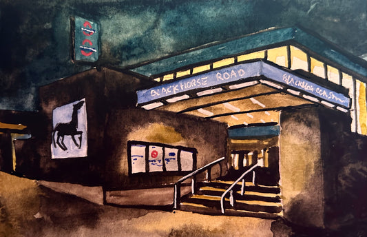 Blackhorse Road Underground Station at night. London. Postcard painting. Watercolour.