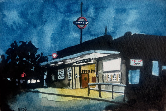 Hornchurch Underground Station, London. Postcard painting. Watercolour.