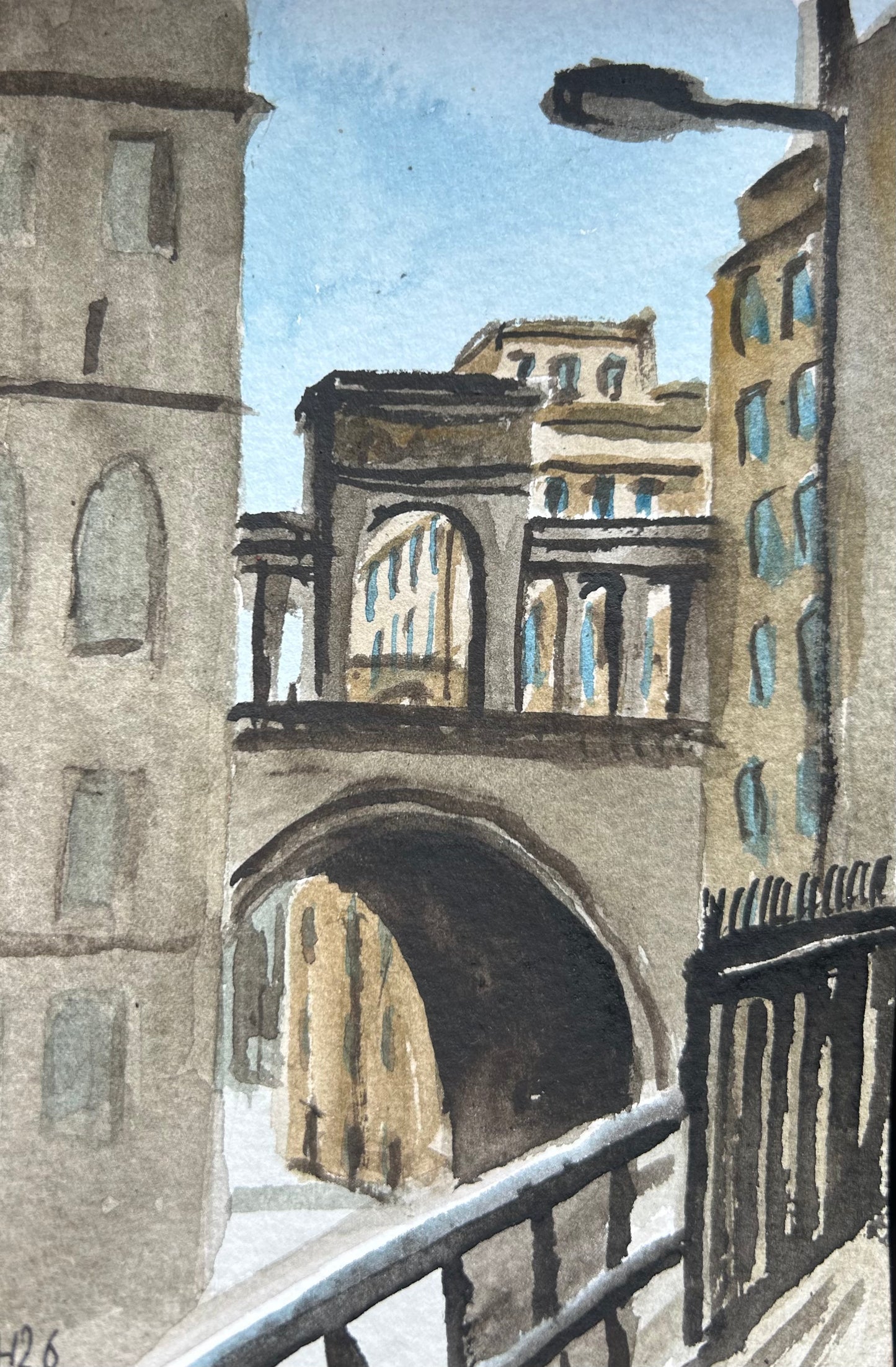 Painting of bridge in Edinburgh, near Waverley Station. Postcard Painting. watercolour.
