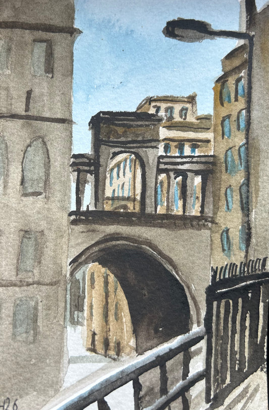 Painting of bridge in Edinburgh, near Waverley Station. Postcard Painting. watercolour.