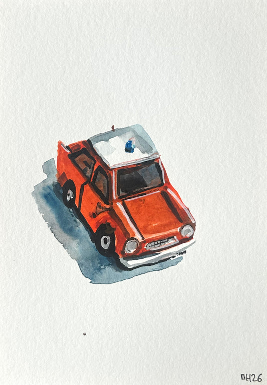 Painting of a fake Lego red fire dept Trabant. A5 Painting. watercolour.