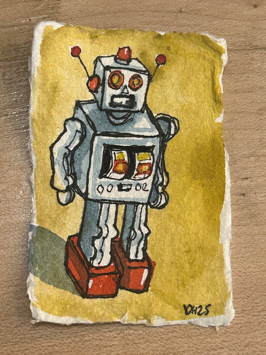 Tiny cotton rag paper water colour painting of a toy robot 1/7 approx 5.5 cm x 8 cm.