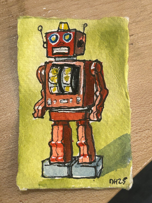 Tiny cotton rag paper water colour painting of a toy robot 2/7 approx 5.5 cm x 8 cm.