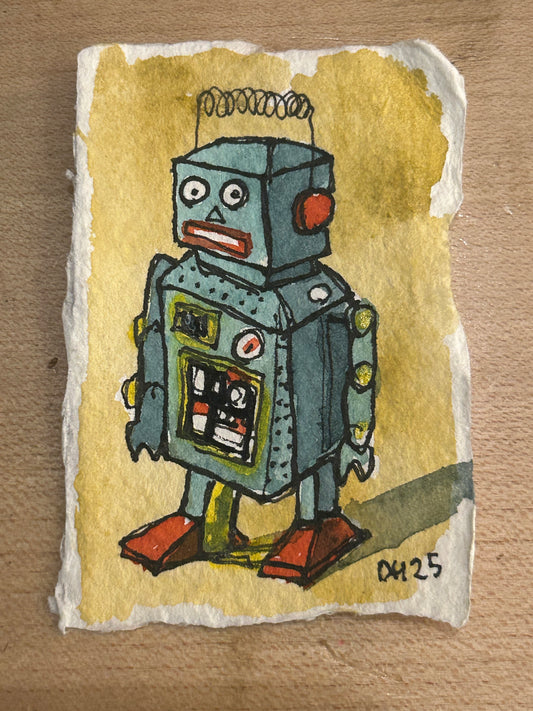 Tiny cotton rag paper water colour painting of a toy robot 3/7 approx 5.5 cm x 8 cm.