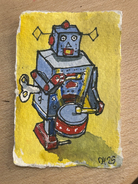 Tiny cotton rag paper water colour painting of a toy robot 6/7 approx 5.5 cm x 8 cm.