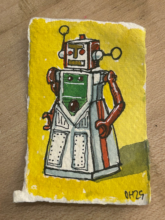 Tiny cotton rag paper water colour painting of a toy robot 7/7 approx 5.5 cm x 8 cm.