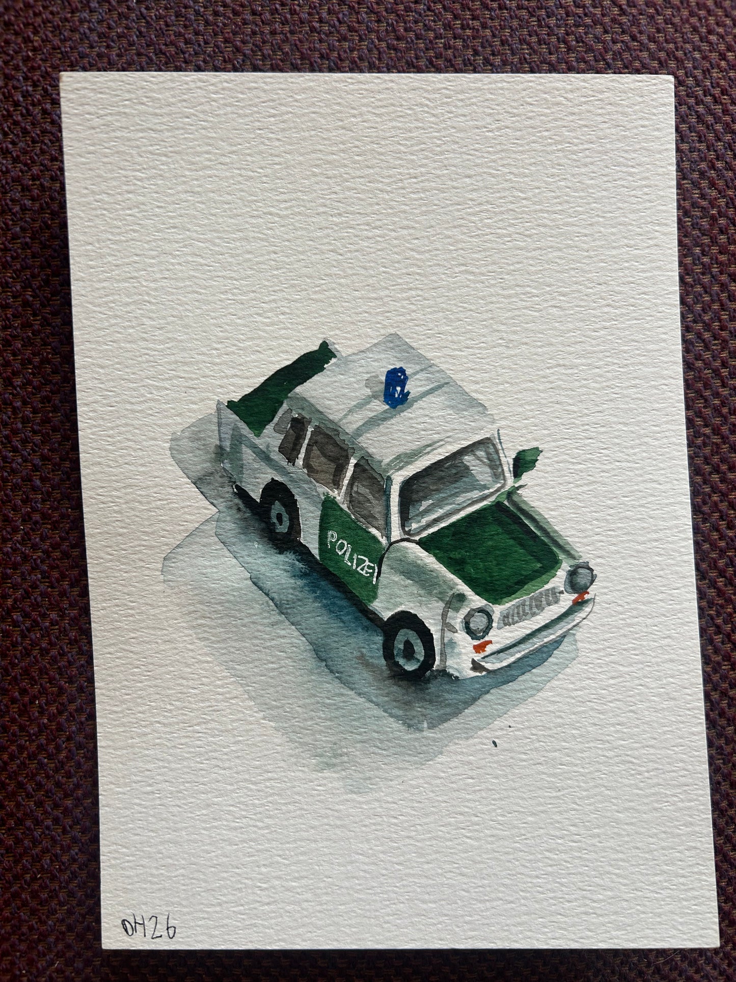 Fake Lego trabant police car. A5 Painting. watercolour.