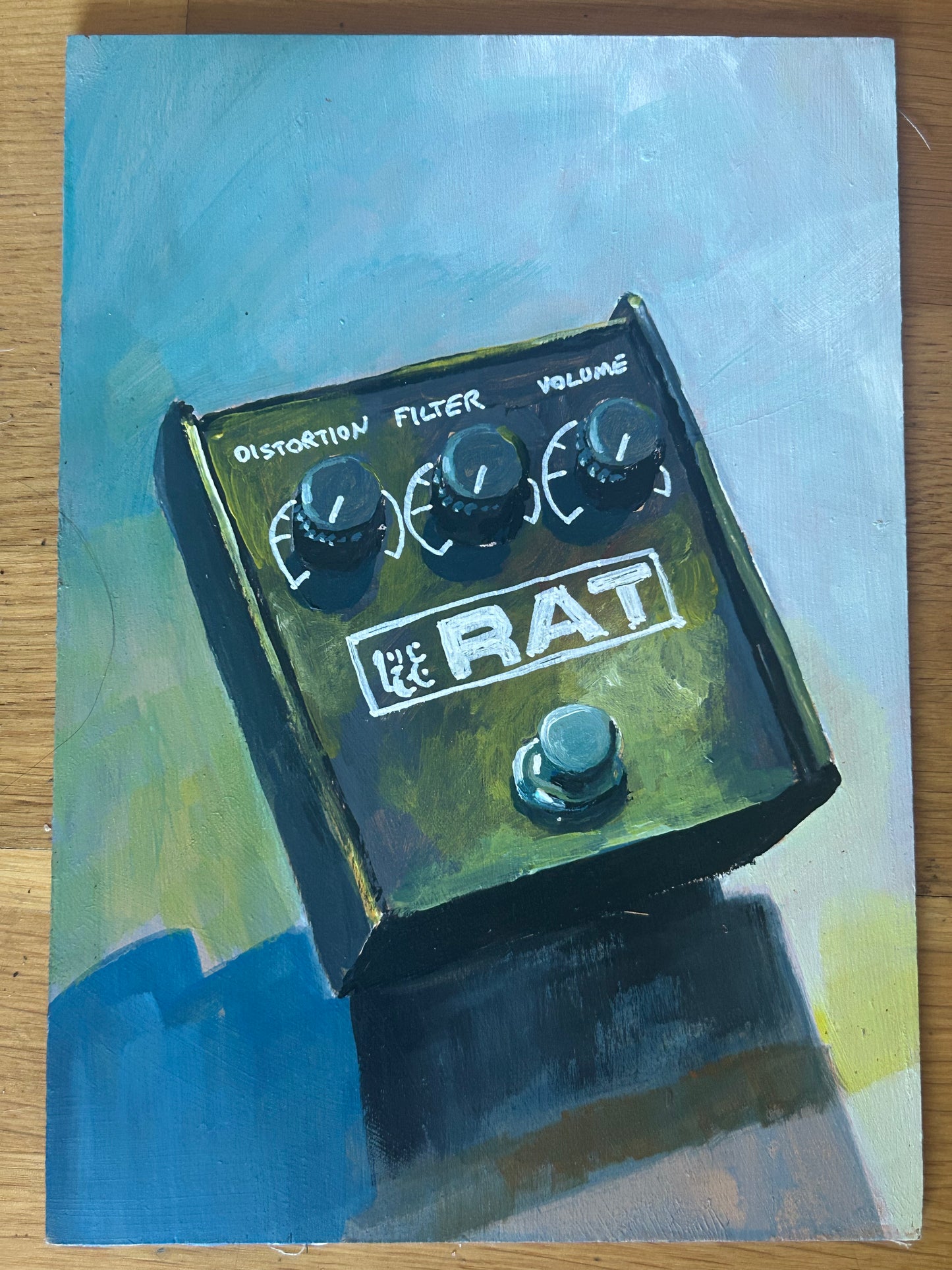RAT distortion guitar effects pedal. Painting of guitar effects pedal. Acrylic on board. Framed. 2025