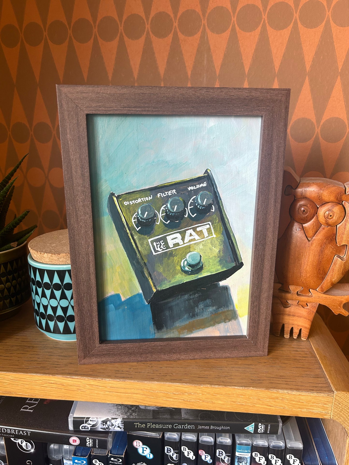 RAT distortion guitar effects pedal. Painting of guitar effects pedal. Acrylic on board. Framed. 2025