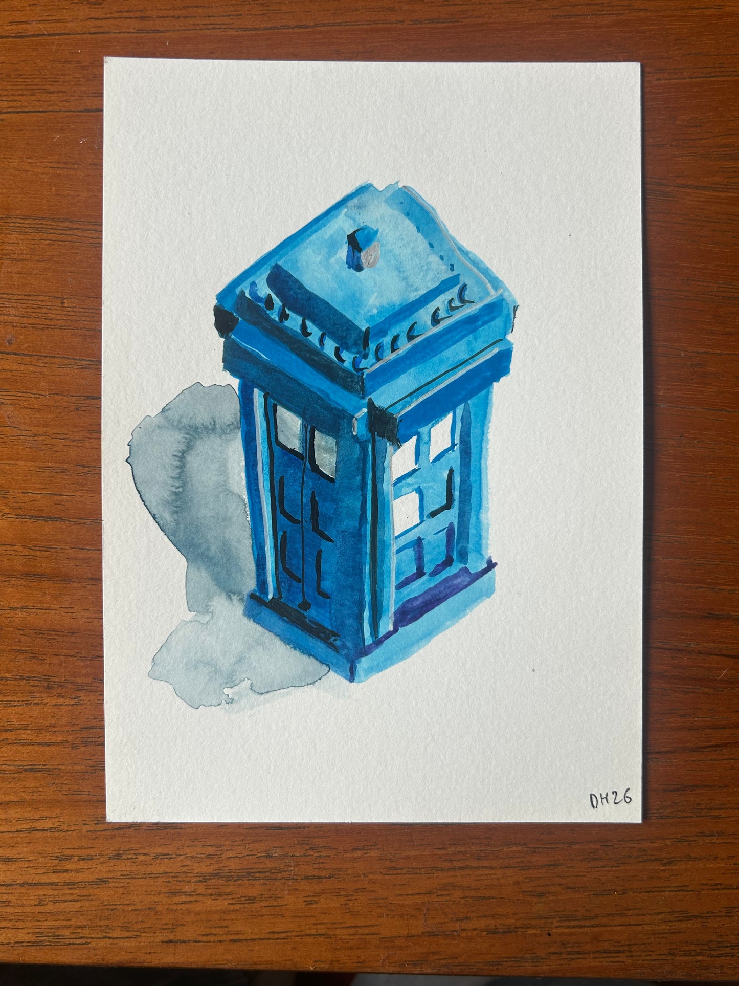 Painting of a fake Lego Tardis from Temu. A5 Painting. watercolour.