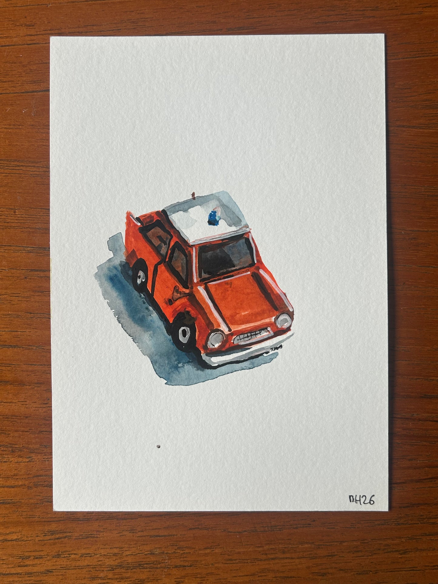 Painting of a fake Lego red fire dept Trabant. A5 Painting. watercolour.