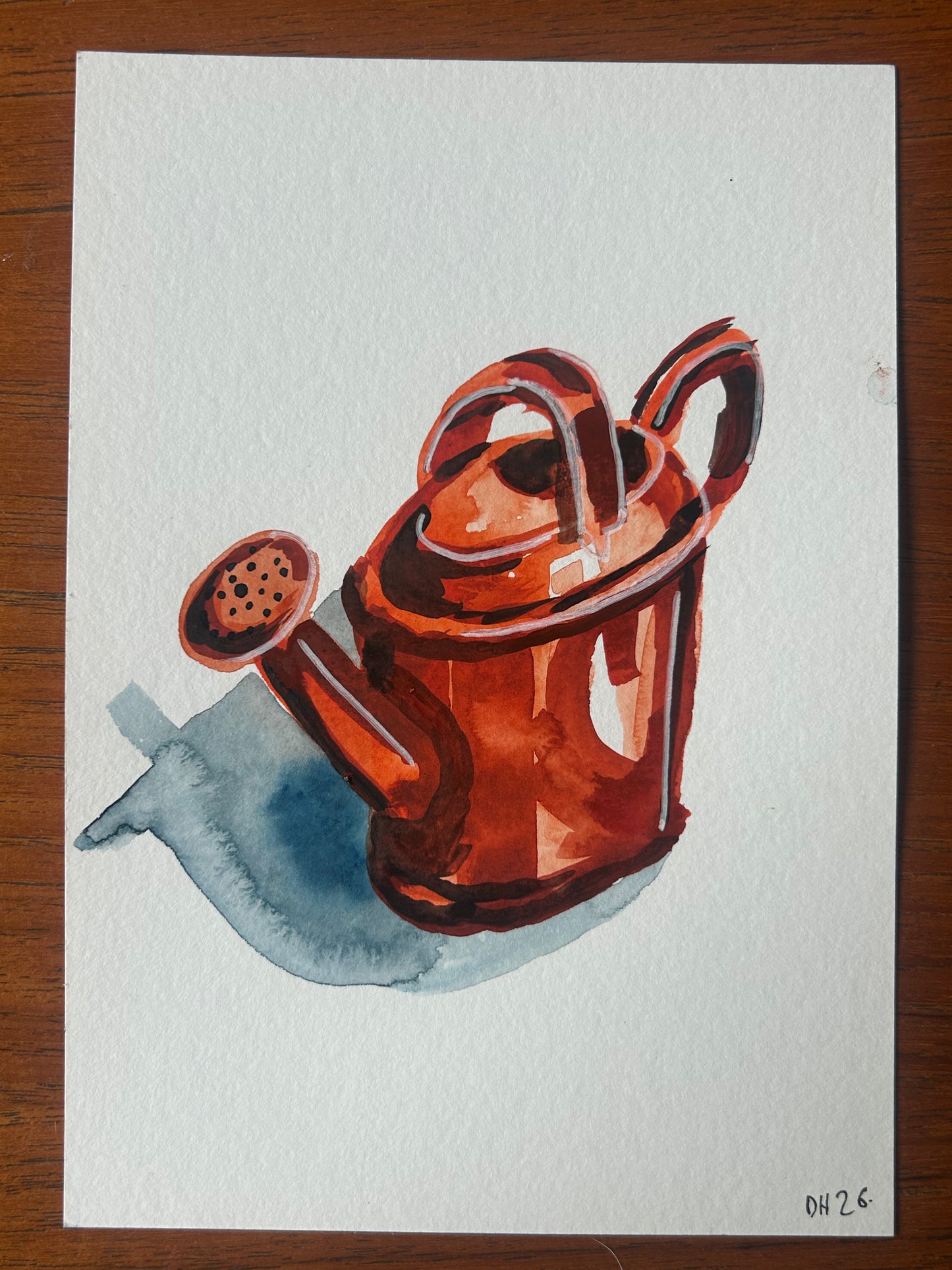 Painting of a red watering can. A5 Painting. watercolour.