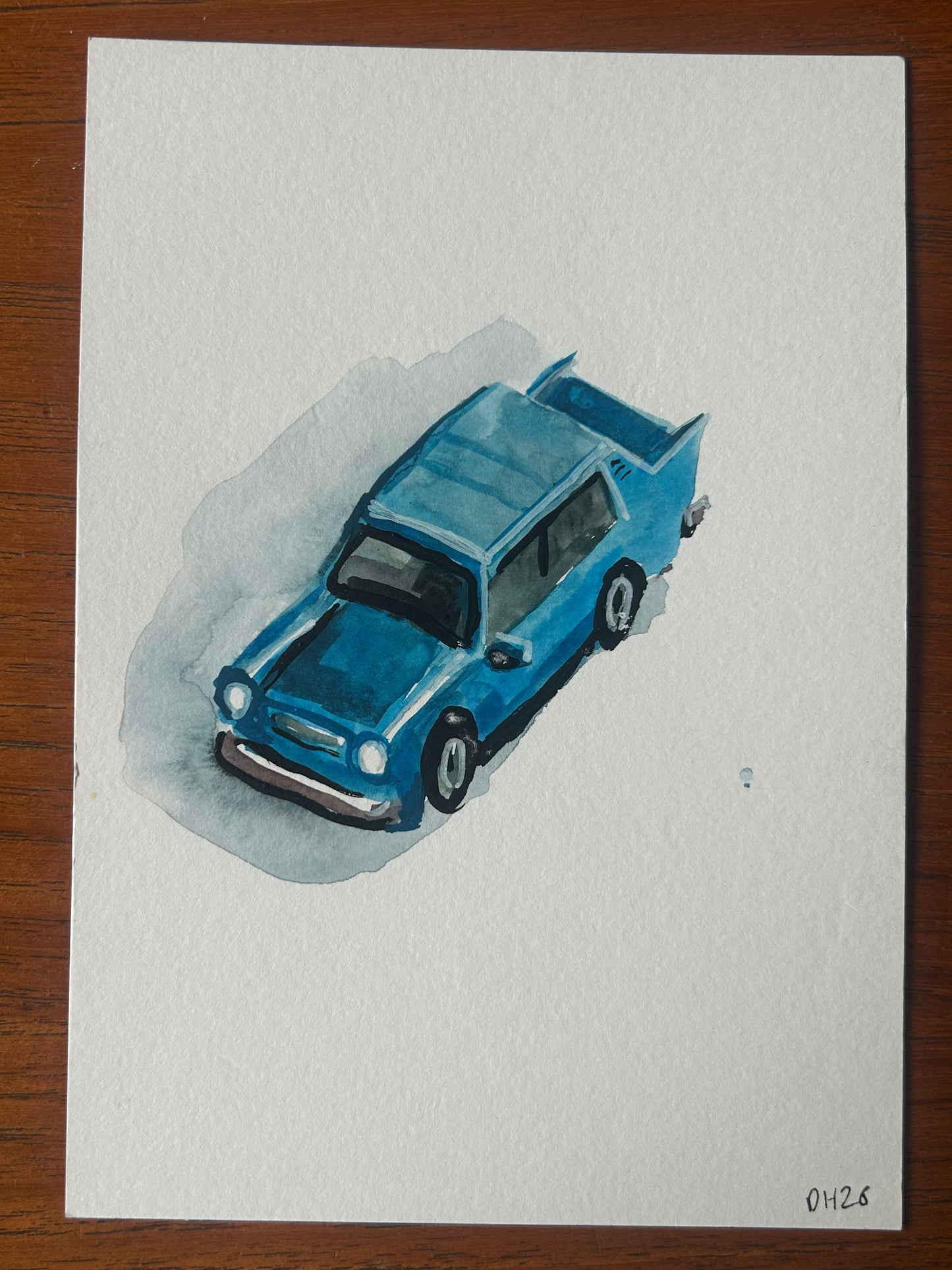 Painting of a fake Lego blue Trabant. A5 Painting. watercolour.