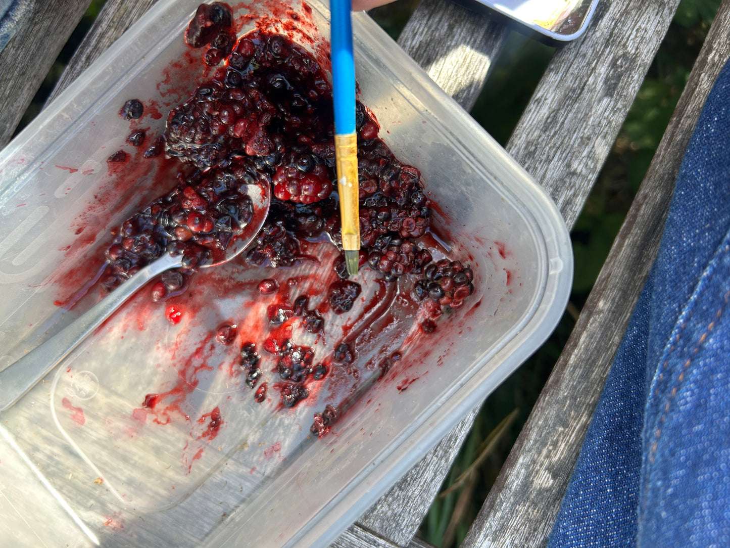 A blackberry from my allotment painted with blackberry juice from my allotment. Postcard Painting. watercolour.