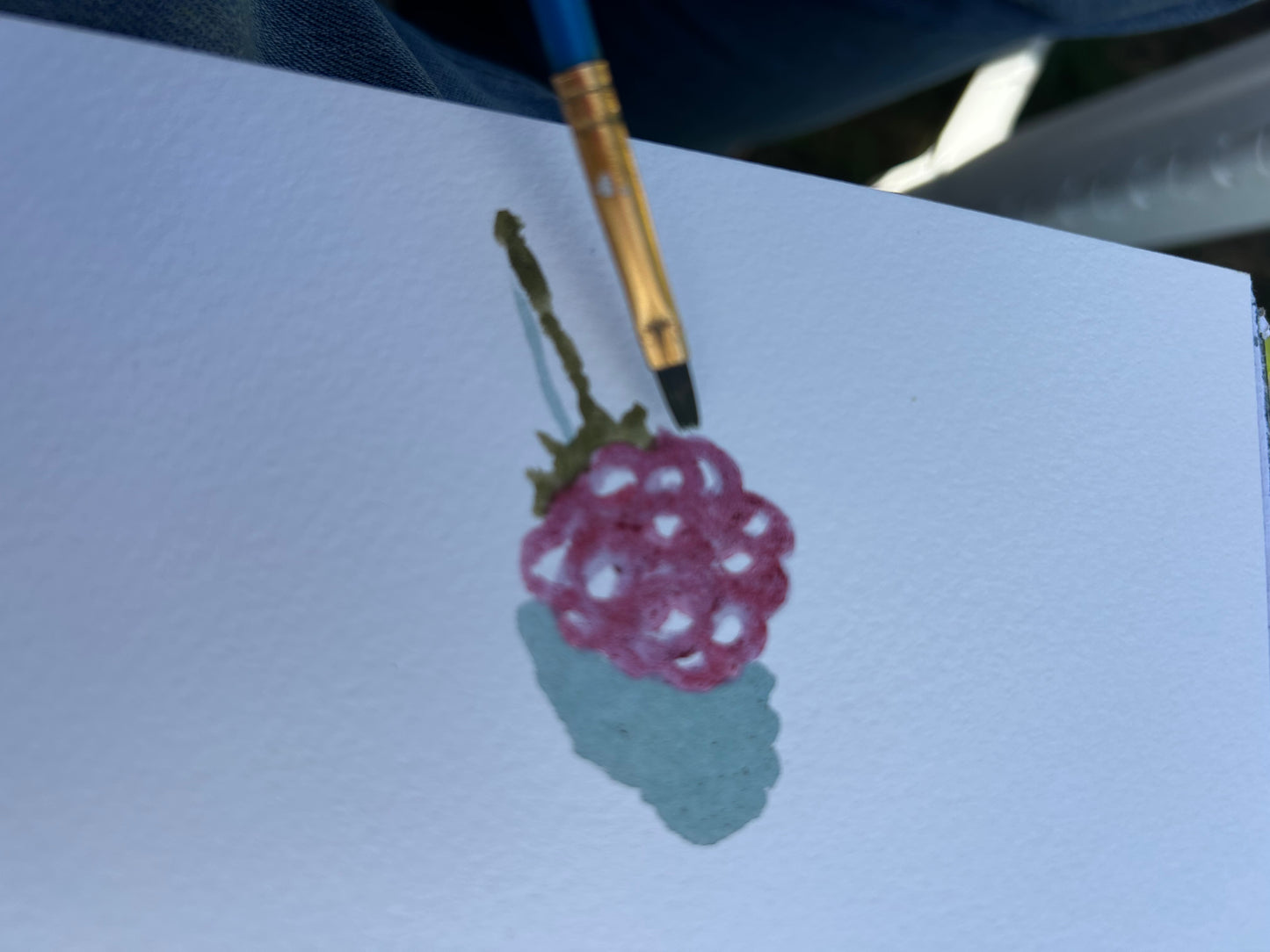A blackberry from my allotment painted with blackberry juice from my allotment. Postcard Painting. watercolour.