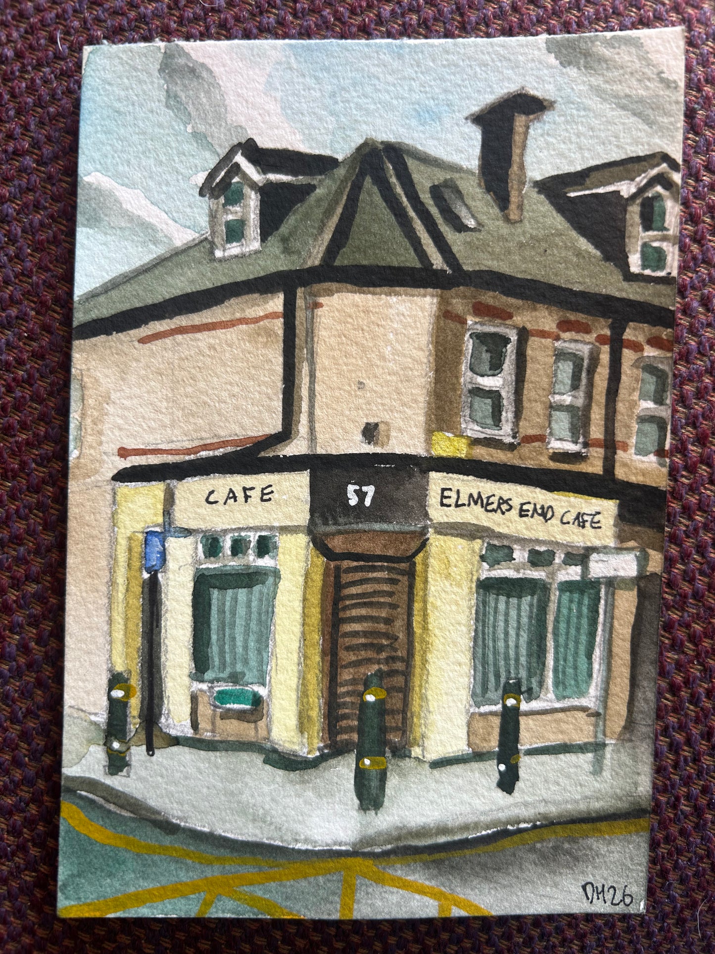 Elmer’s End Cafe, Beckenham, Croydon, Elmer’s End. Postcard Painting. watercolour.