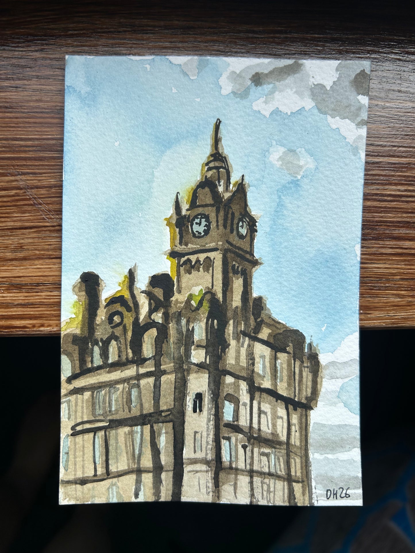 Painting of Balmoral Hotel in Edinburgh, near Waverley Station. Postcard Painting. watercolour.