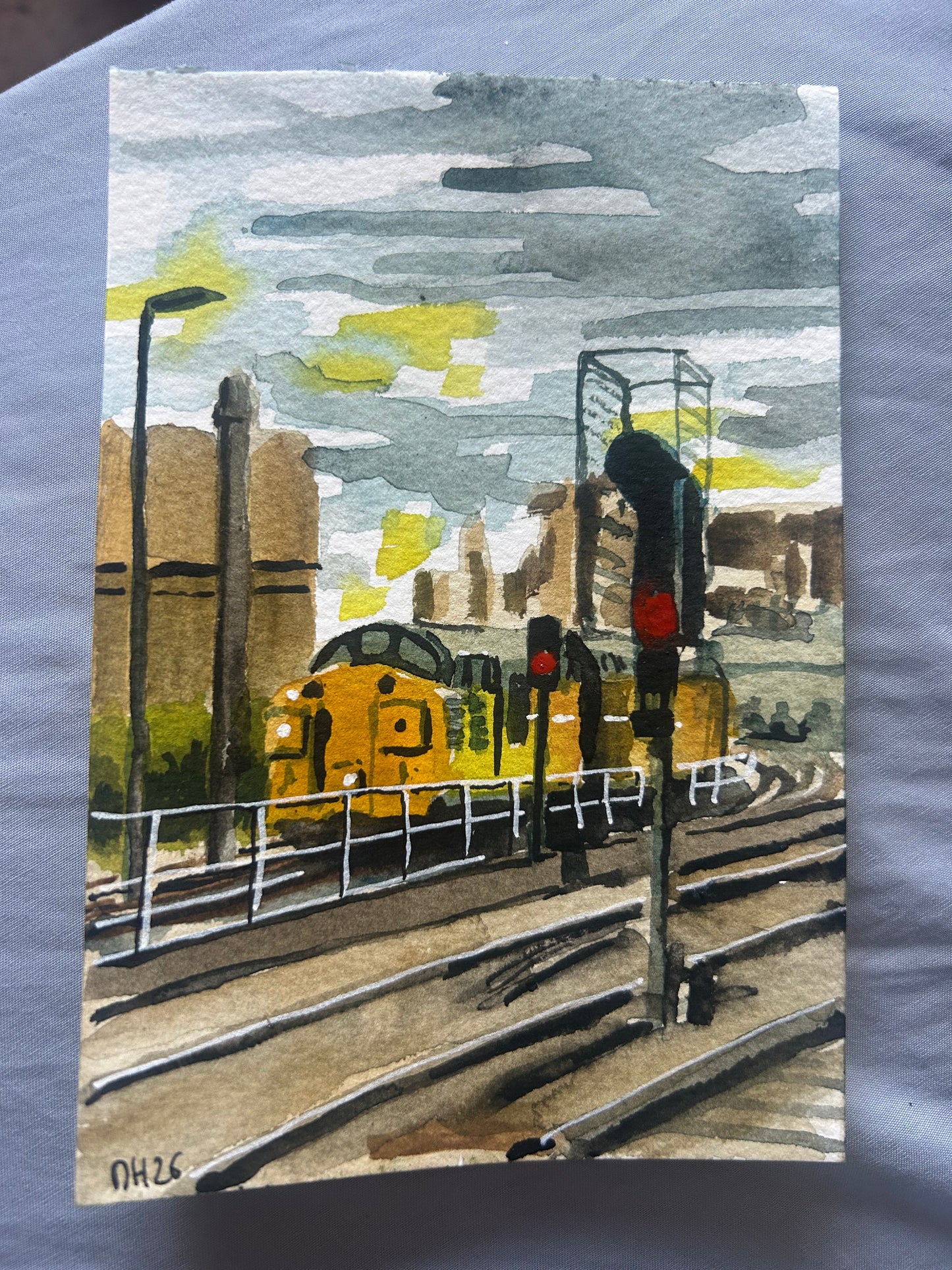 Class 37 in modern freight livery in the sidings at Newcastle station. Postcard Painting. watercolour.