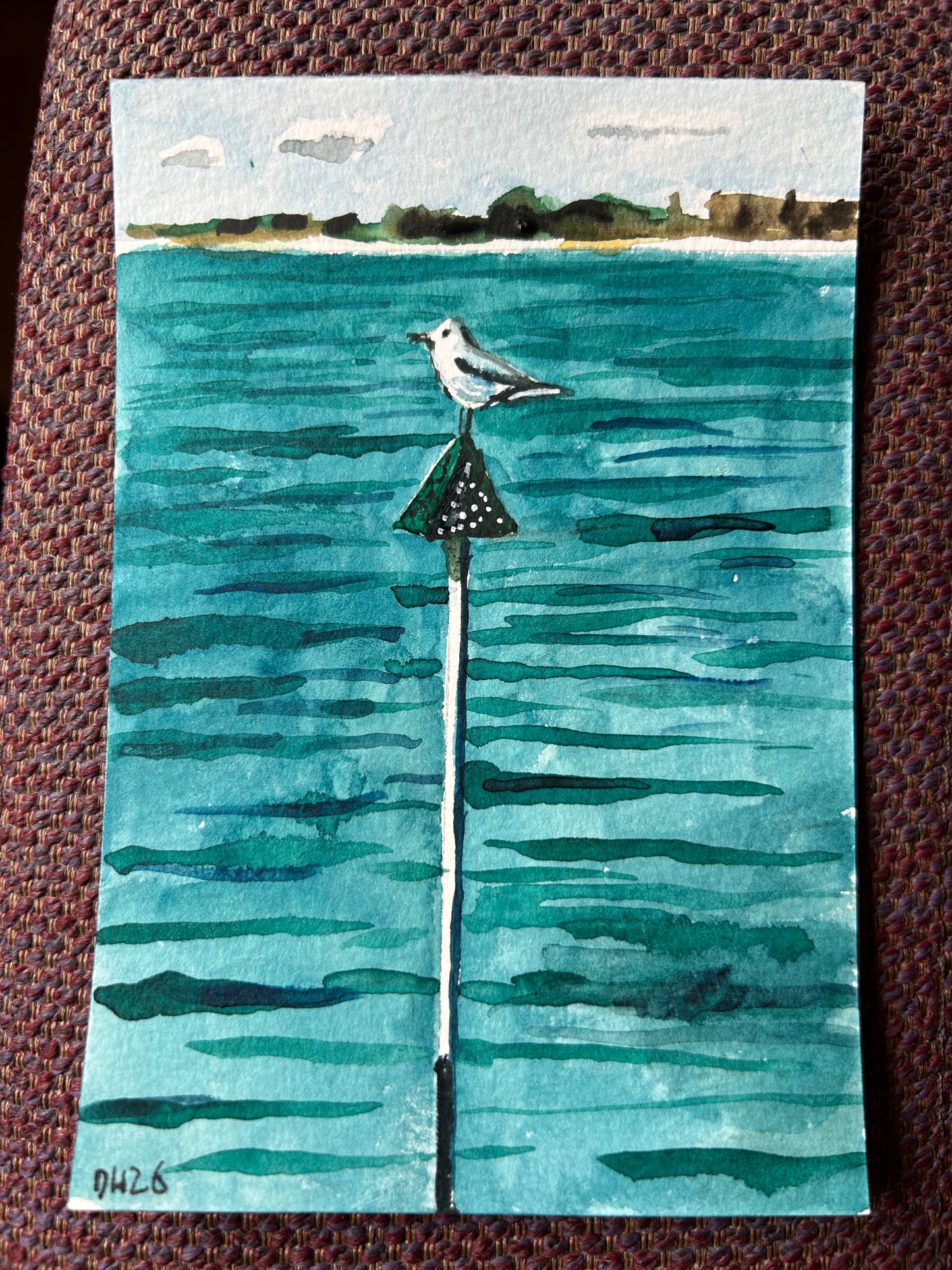 Seagull on stick in sea, Portsmouth. Postcard Painting. watercolour.