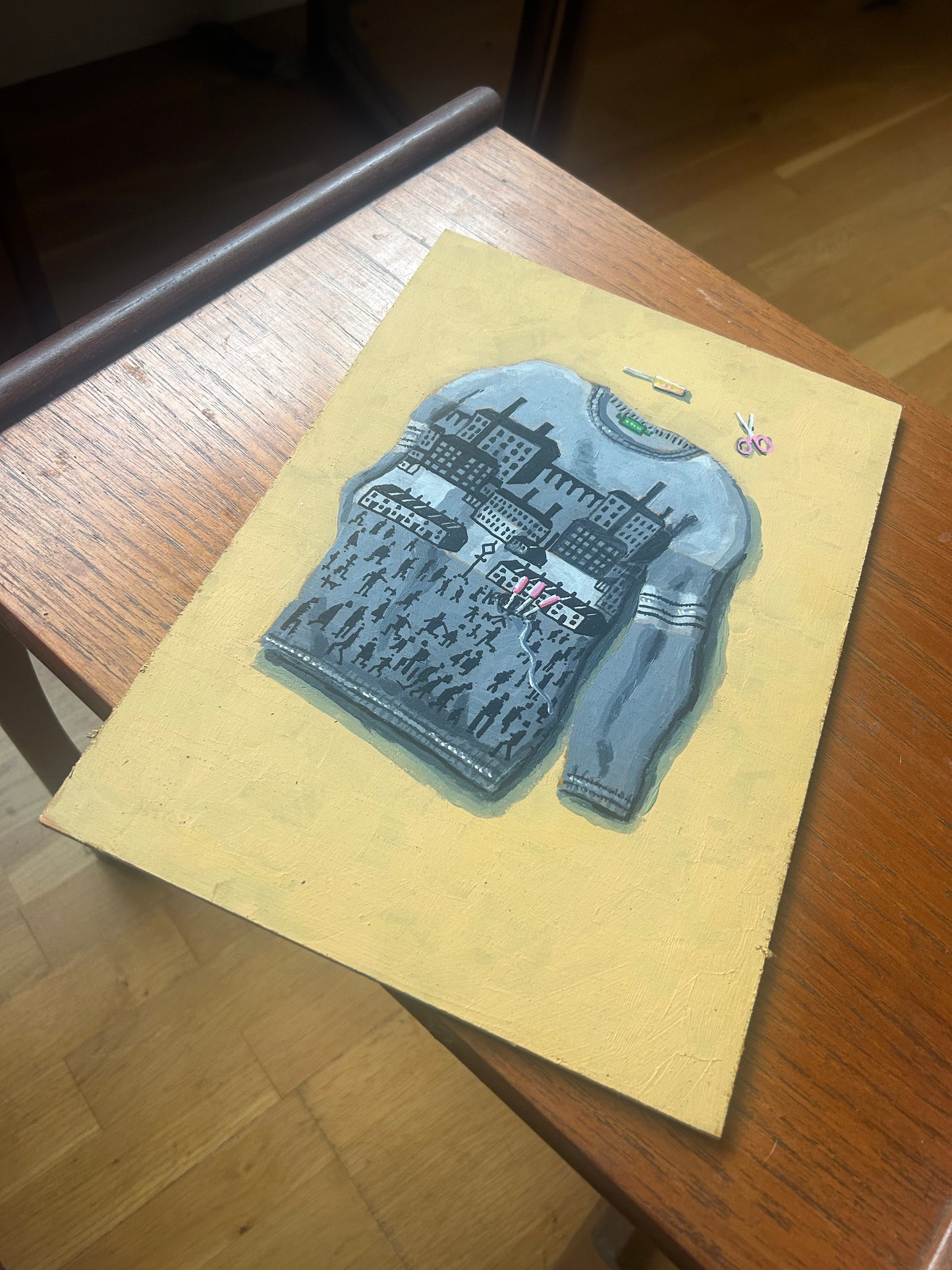 ‘Lowrey Jumper’ illustration C-12. Original painting for the book ‘Knit Repair’ by Alexandra Brinck, published by Quadrille/Penguin. Acrylic on A4 hardboard.