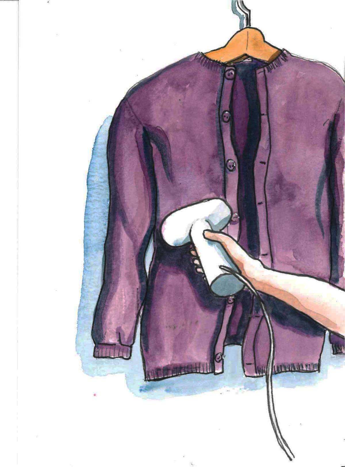 ‘Cardigan Steaming’ illustration A-8 Original painting for the book ‘Knit Repair’ by Alexandra Brinck, published by Quadrille/Penguin. Watercolour on paper A5.