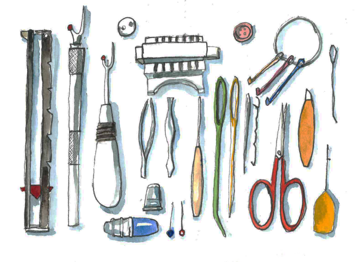 ‘Various knit repair tools’ illustration A-6 Original painting for the book ‘Knit Repair’ by Alexandra Brinck, published by Quadrille/Penguin. Watercolour on paper A5.