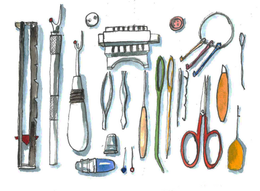 ‘Various knit repair tools’ illustration A-6 Original painting for the book ‘Knit Repair’ by Alexandra Brinck, published by Quadrille/Penguin. Watercolour on paper A5.