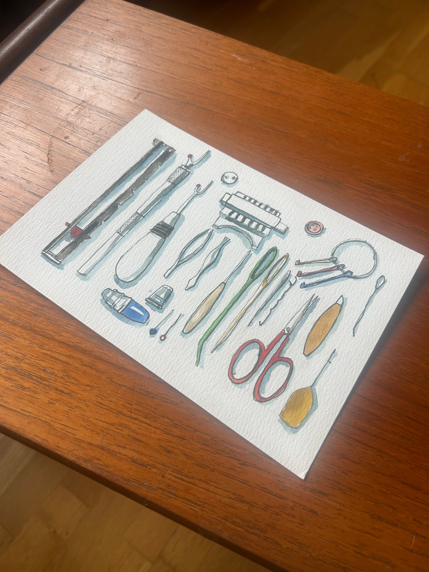‘Various knit repair tools’ illustration A-6 Original painting for the book ‘Knit Repair’ by Alexandra Brinck, published by Quadrille/Penguin. Watercolour on paper A5.