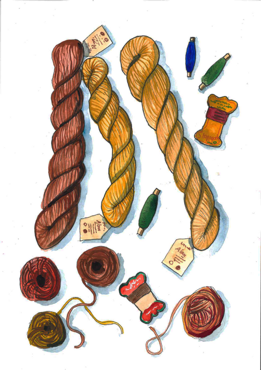 ‘Various wools and threads’ illustration A-3. Original painting for the book ‘Knit Repair’ by Alexandra Brinck, published by Quadrille/Penguin. Watercolour on paper. Size A4.