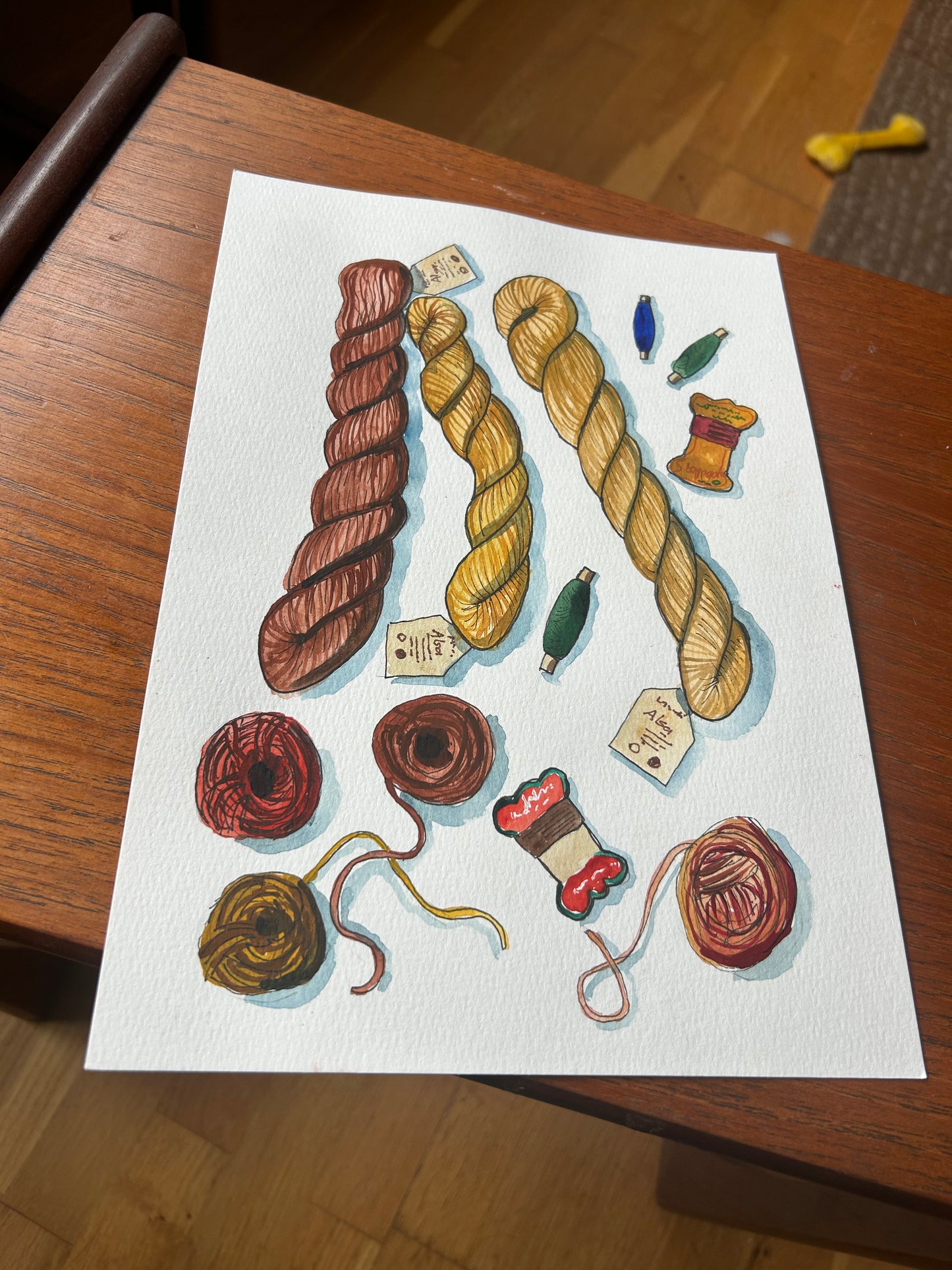 ‘Various wools and threads’ illustration A-3. Original painting for the book ‘Knit Repair’ by Alexandra Brinck, published by Quadrille/Penguin. Watercolour on paper. Size A4.