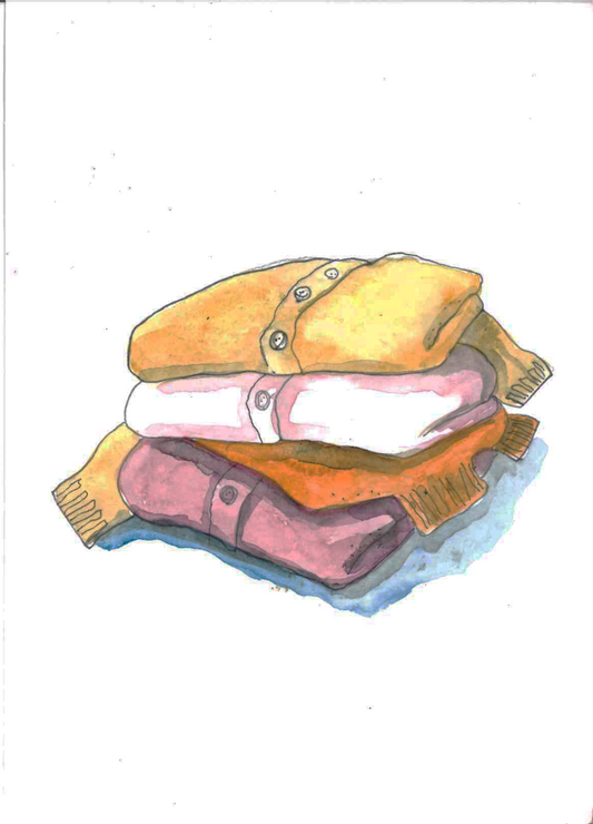 ‘Pile of Jumpers’ illustration A-1.Original painting for the book ‘Knit Repair’ by Alexandra Brinck, published by Quadrille/Penguin. Watercolour on paper A5.