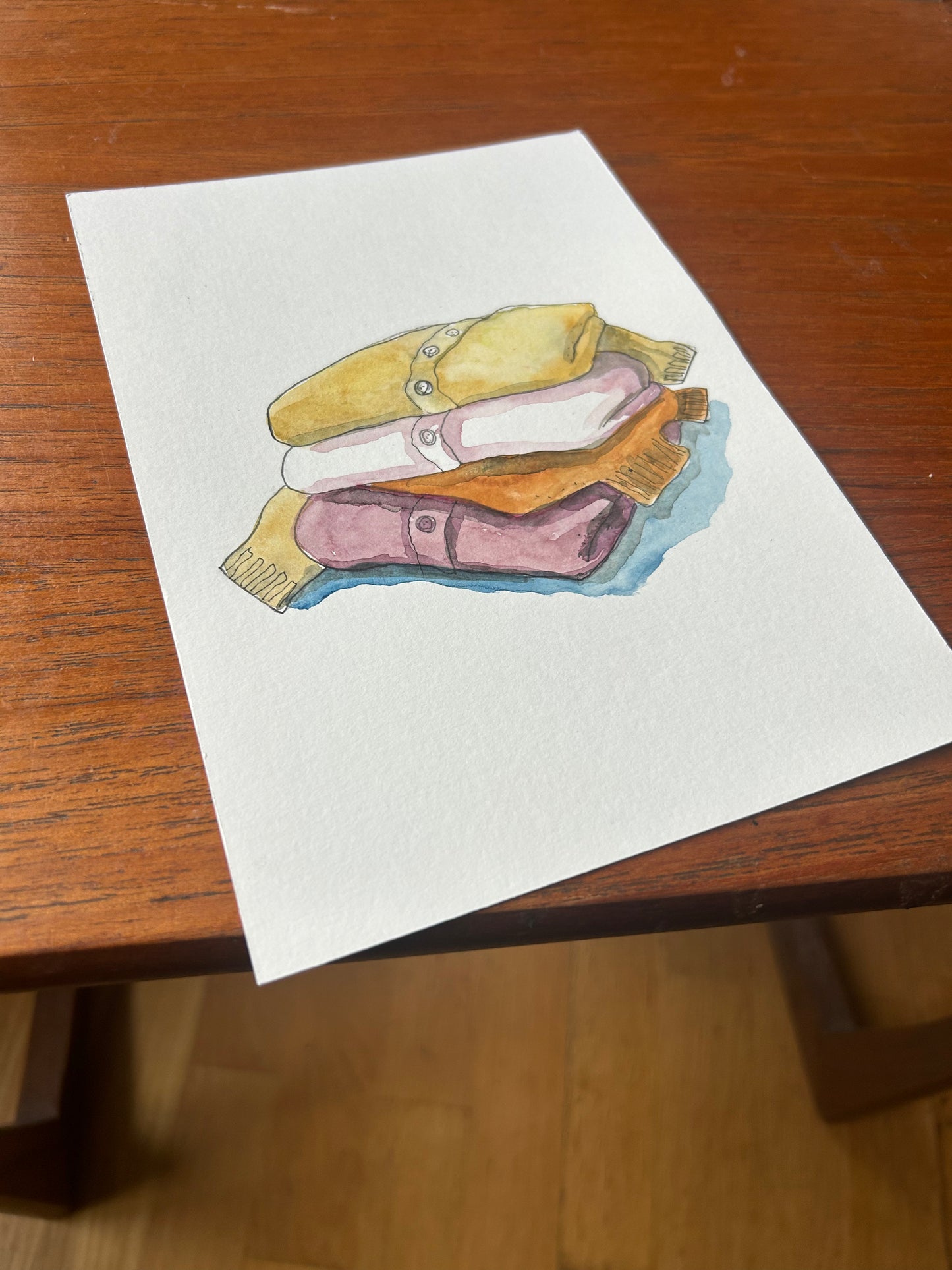 ‘Pile of Jumpers’ illustration A-1.Original painting for the book ‘Knit Repair’ by Alexandra Brinck, published by Quadrille/Penguin. Watercolour on paper A5.