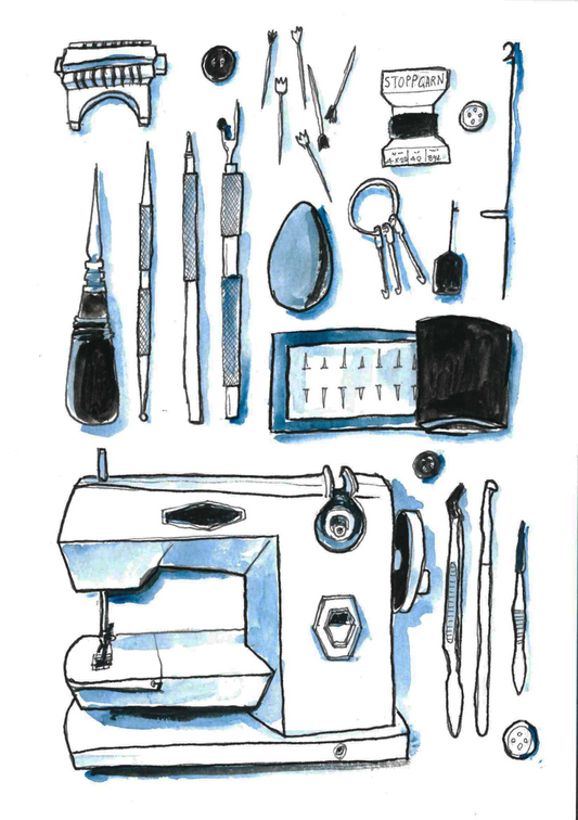 ‘Various knit tools’ illustration B-10. Original painting for the book ‘Knit Repair’ by Alexandra Brinck, published by Quadrille/Penguin. Watercolour on paper A4.