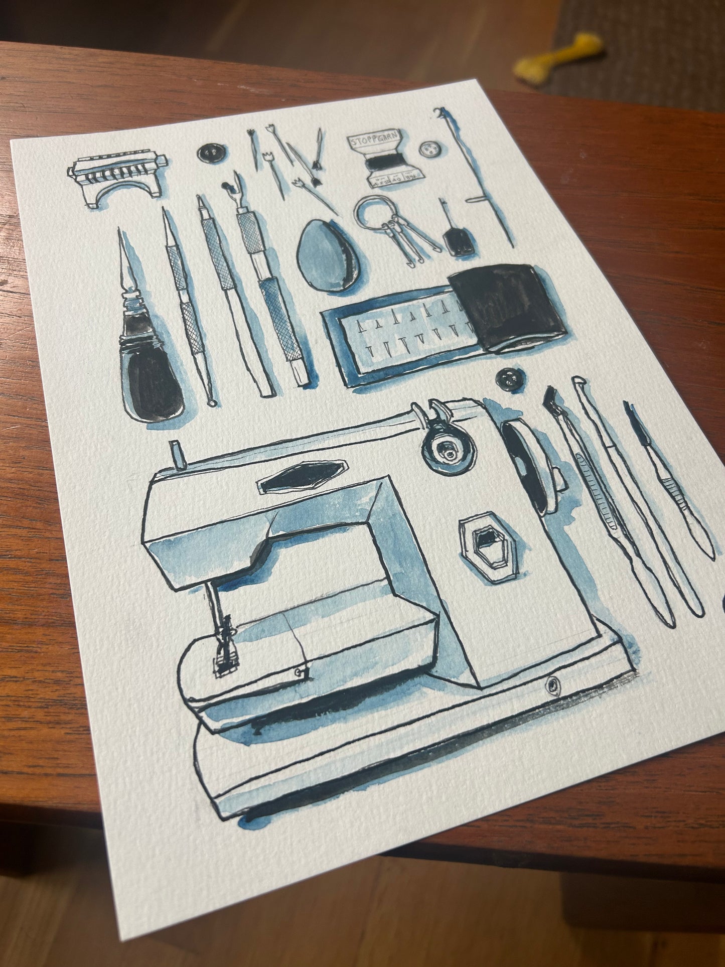 ‘Various knit tools’ illustration B-10. Original painting for the book ‘Knit Repair’ by Alexandra Brinck, published by Quadrille/Penguin. Watercolour on paper A4.