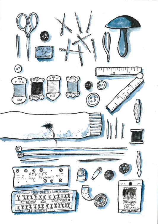 ‘Various knit tools’ illustration B-11. Original painting for the book ‘Knit Repair’ by Alexandra Brinck, published by Quadrille/Penguin. Watercolour on paper A4.