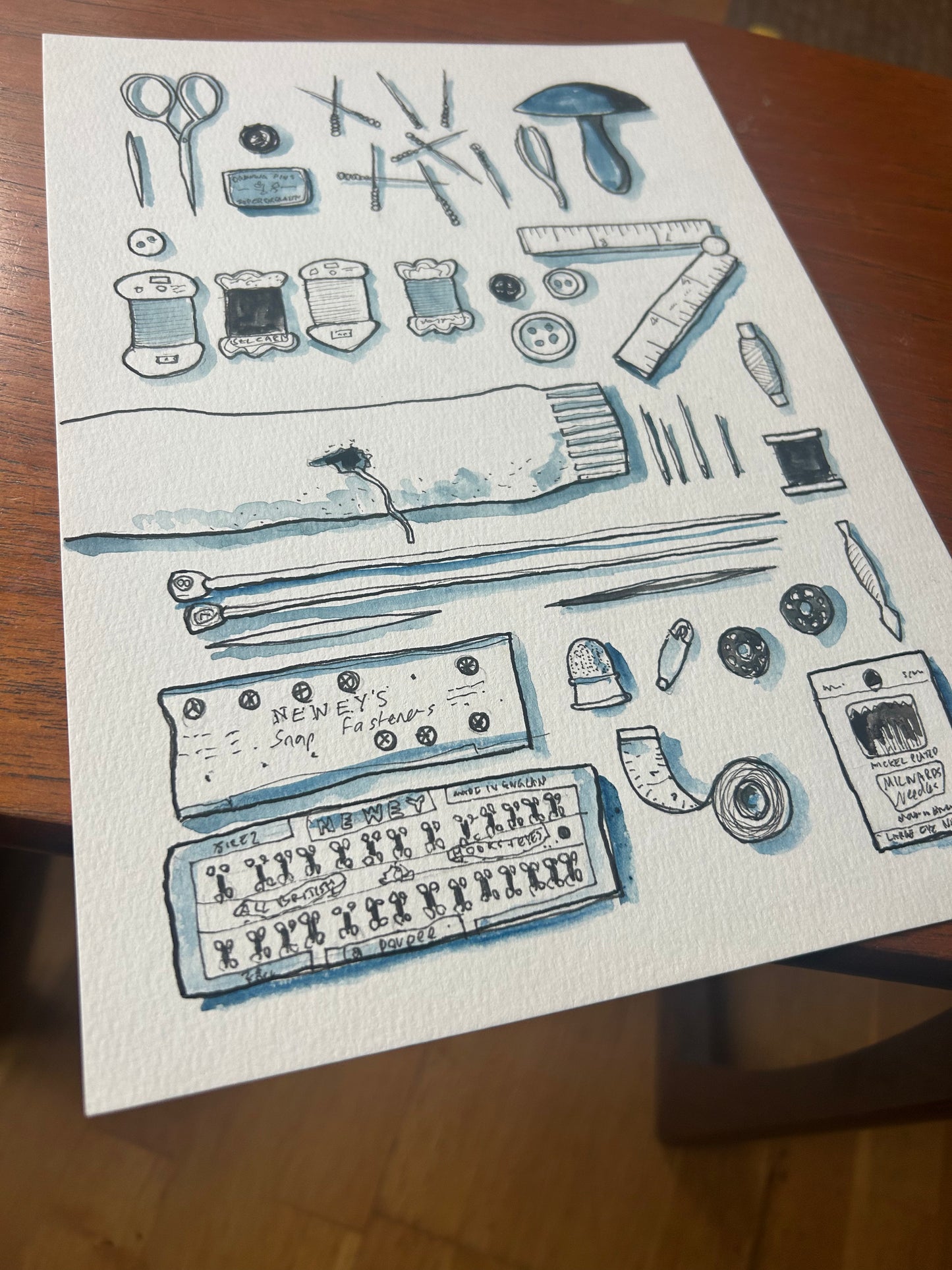 ‘Various knit tools’ illustration B-11. Original painting for the book ‘Knit Repair’ by Alexandra Brinck, published by Quadrille/Penguin. Watercolour on paper A4.