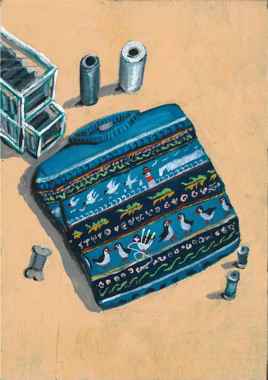 ‘Puffin Jumper’ illustration. Original painting for the book ‘Knit Repair’ by Alexandra Brinck, published by Quadrille/Penguin. Acrylic on A4 hardboard.