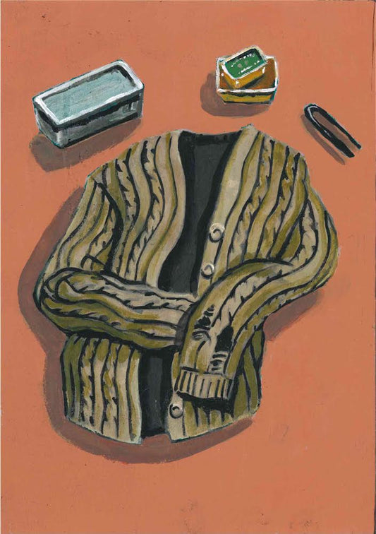 ‘Beige Cardigan’ illustration. Original painting for the book ‘Knit Repair’ by Alexandra Brinck, published by Quadrille/Penguin. Acrylic on A4 hardboard.