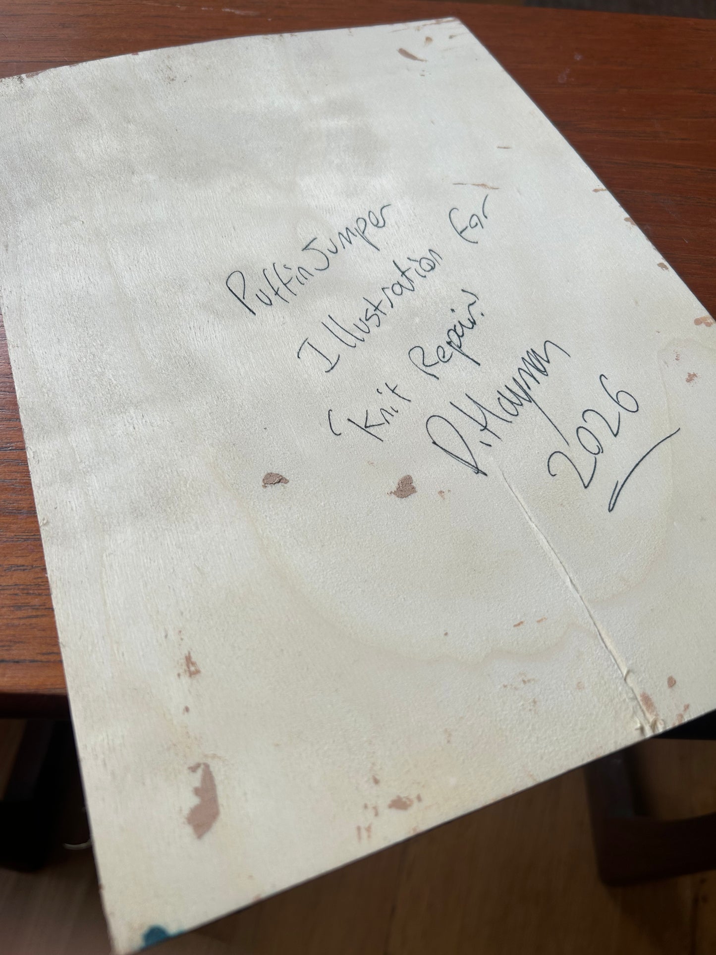 ‘Puffin Jumper’ illustration. Original painting for the book ‘Knit Repair’ by Alexandra Brinck, published by Quadrille/Penguin. Acrylic on A4 hardboard.
