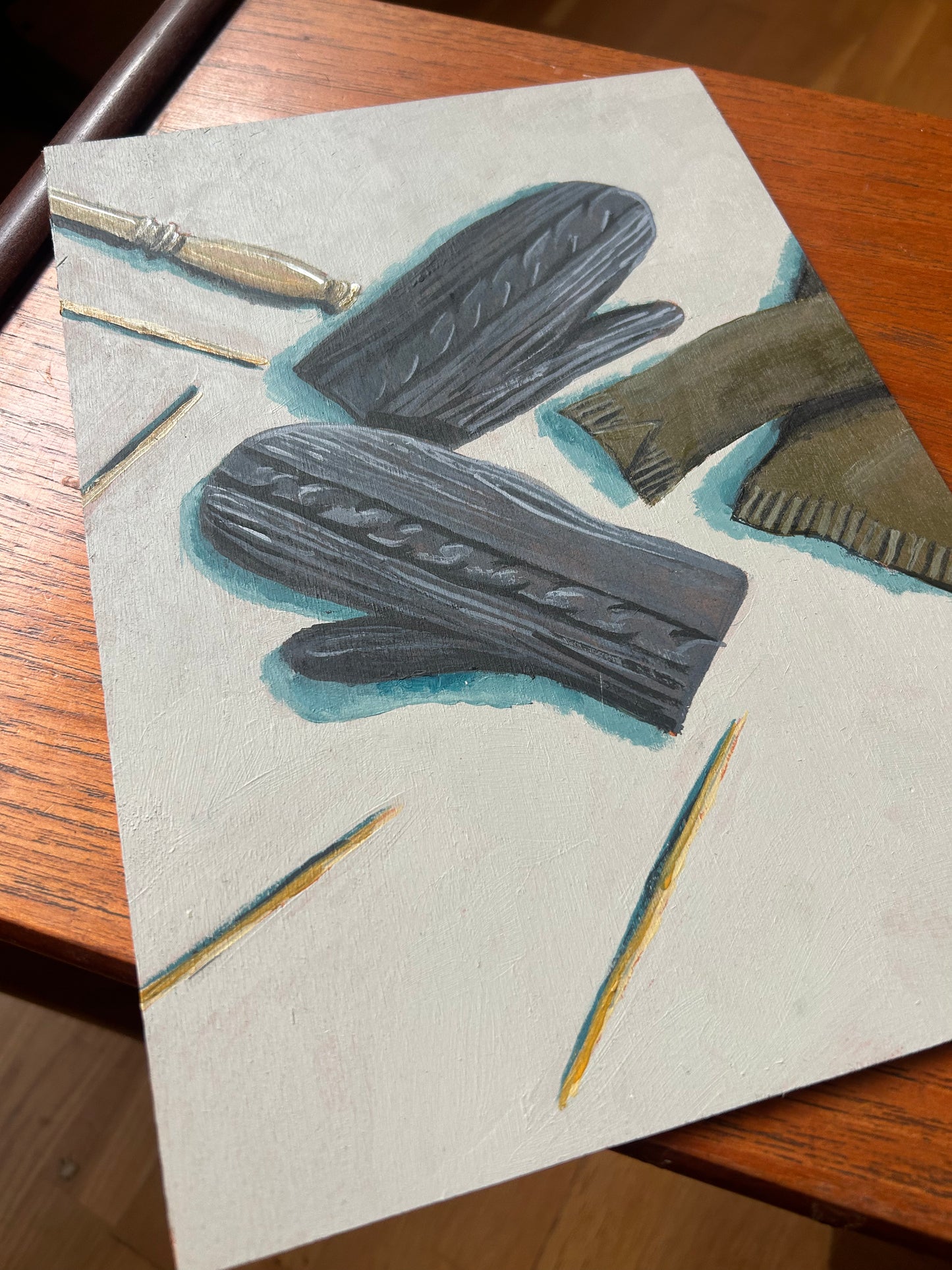 ‘Mittens’ illustration. Original painting for the book ‘Knit Repair’ by Alexandra Brinck, published by Quadrille/Penguin. Acrylic on A4 hardboard.
