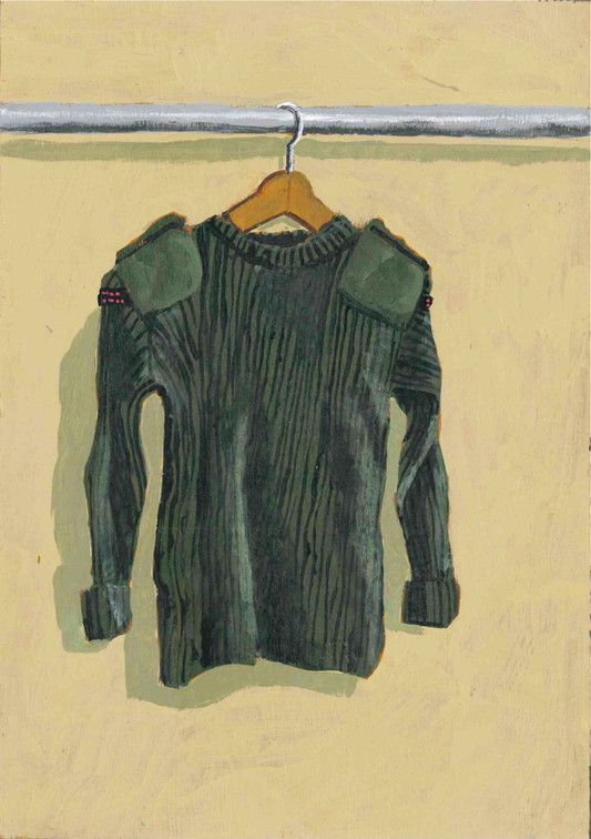 ‘Army Jumper’ illustration. Original painting for the book ‘Knit Repair’ by Alexandra Brinck, published by Quadrille/Penguin. Acrylic on A4 hardboard.