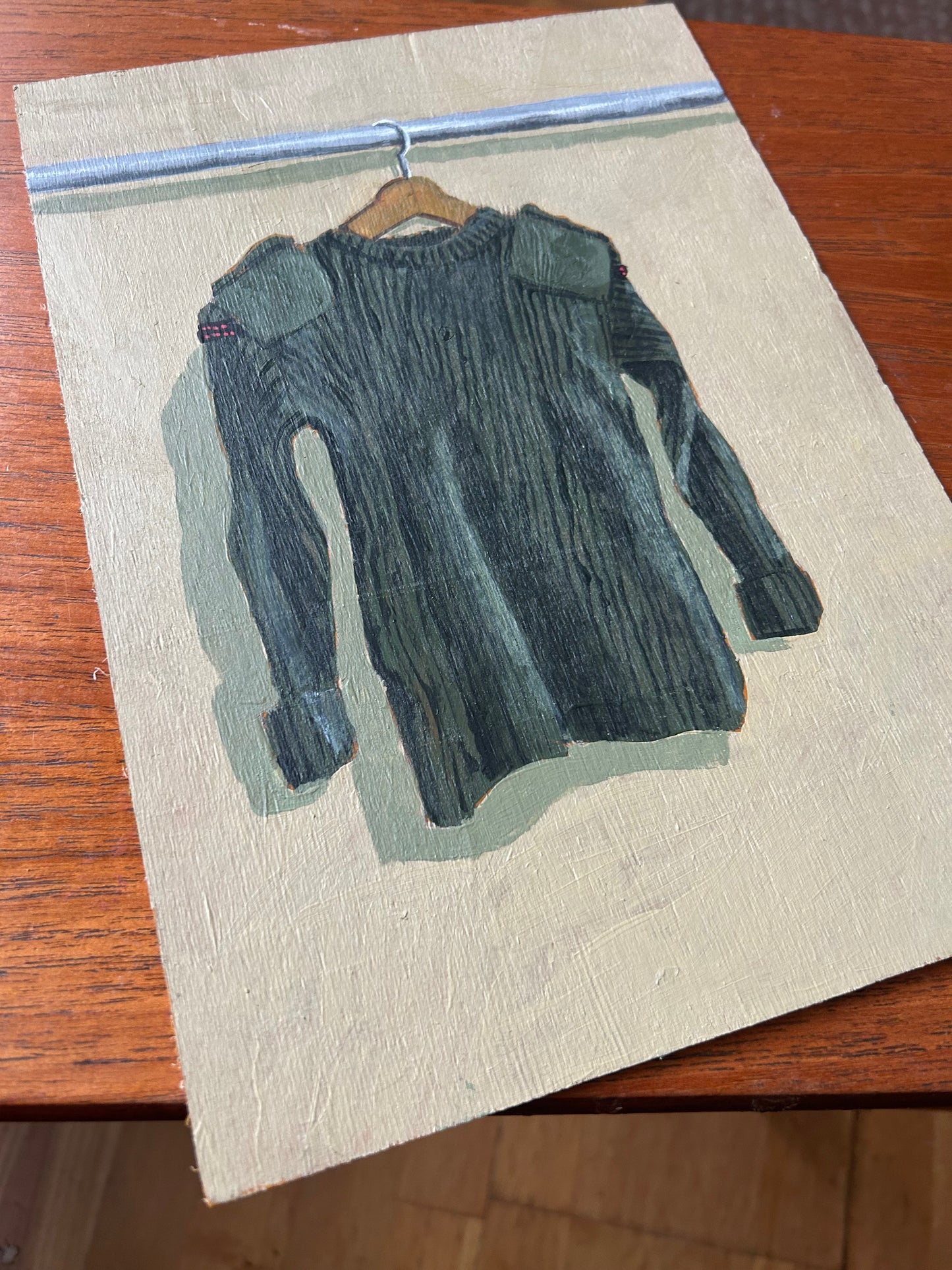 ‘Army Jumper’ illustration. Original painting for the book ‘Knit Repair’ by Alexandra Brinck, published by Quadrille/Penguin. Acrylic on A4 hardboard.