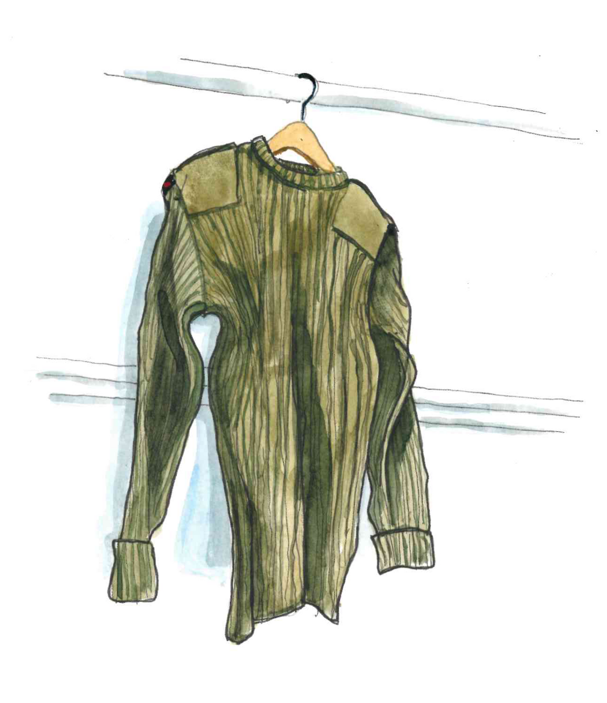 ‘Army Jumper’ illustration. Unused original painting for the book ‘Knit Repair’ by Alexandra Brinck, published by Quadrille/Penguin. Watercolour on paper. 7 x 10 inches.
