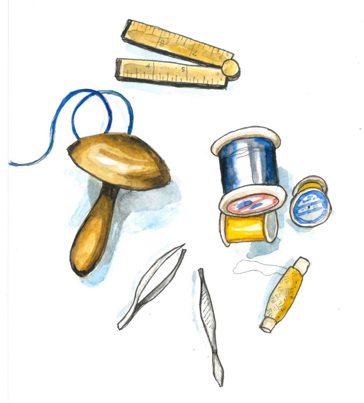 ‘Knit repair tools’ illustration. Unused original painting for the book ‘Knit Repair’ by Alexandra Brinck, published by Quadrille/Penguin. Watercolour on paper. 7 x 10 inches.