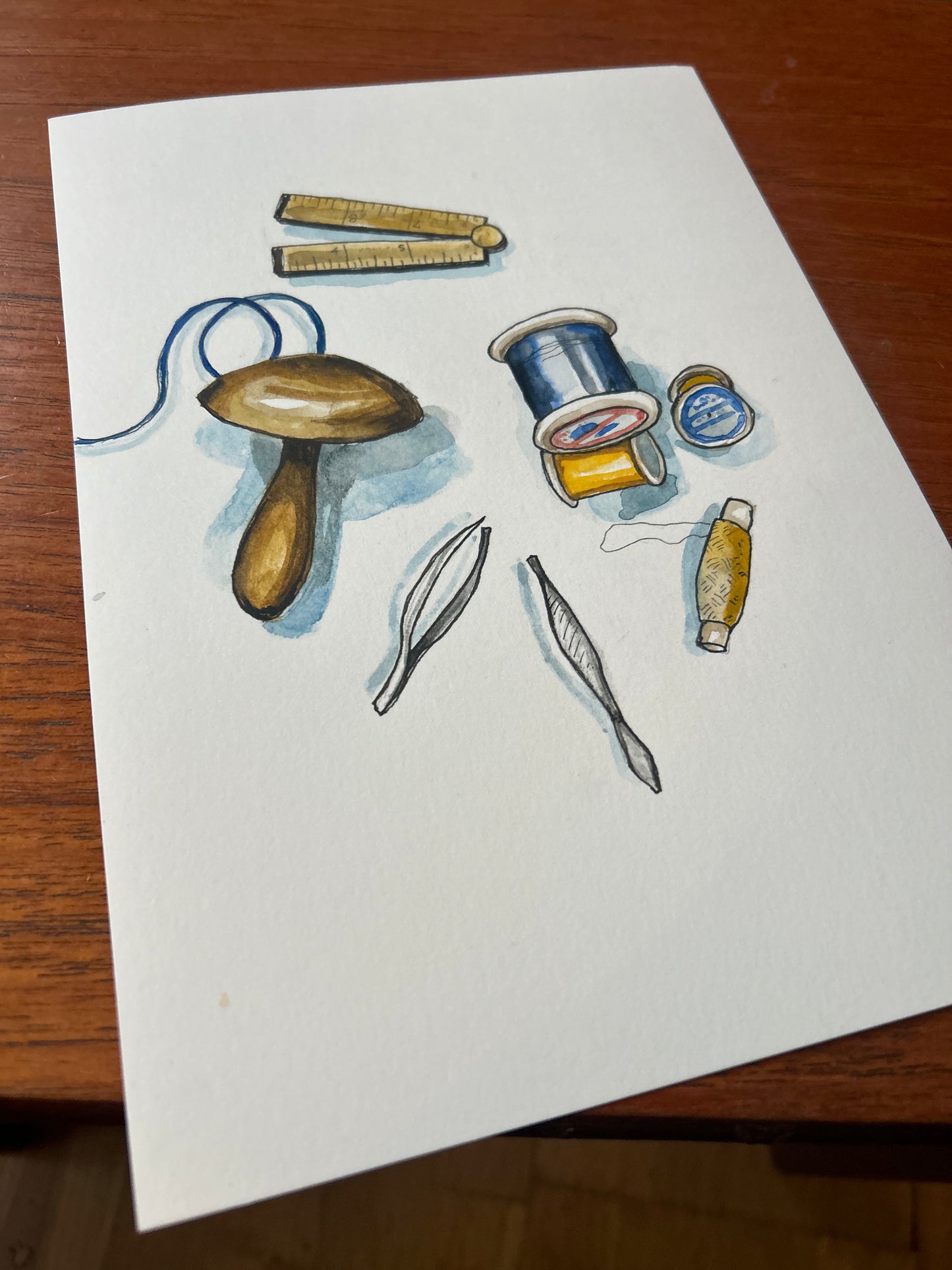 ‘Knit repair tools’ illustration. Unused original painting for the book ‘Knit Repair’ by Alexandra Brinck, published by Quadrille/Penguin. Watercolour on paper. 7 x 10 inches.