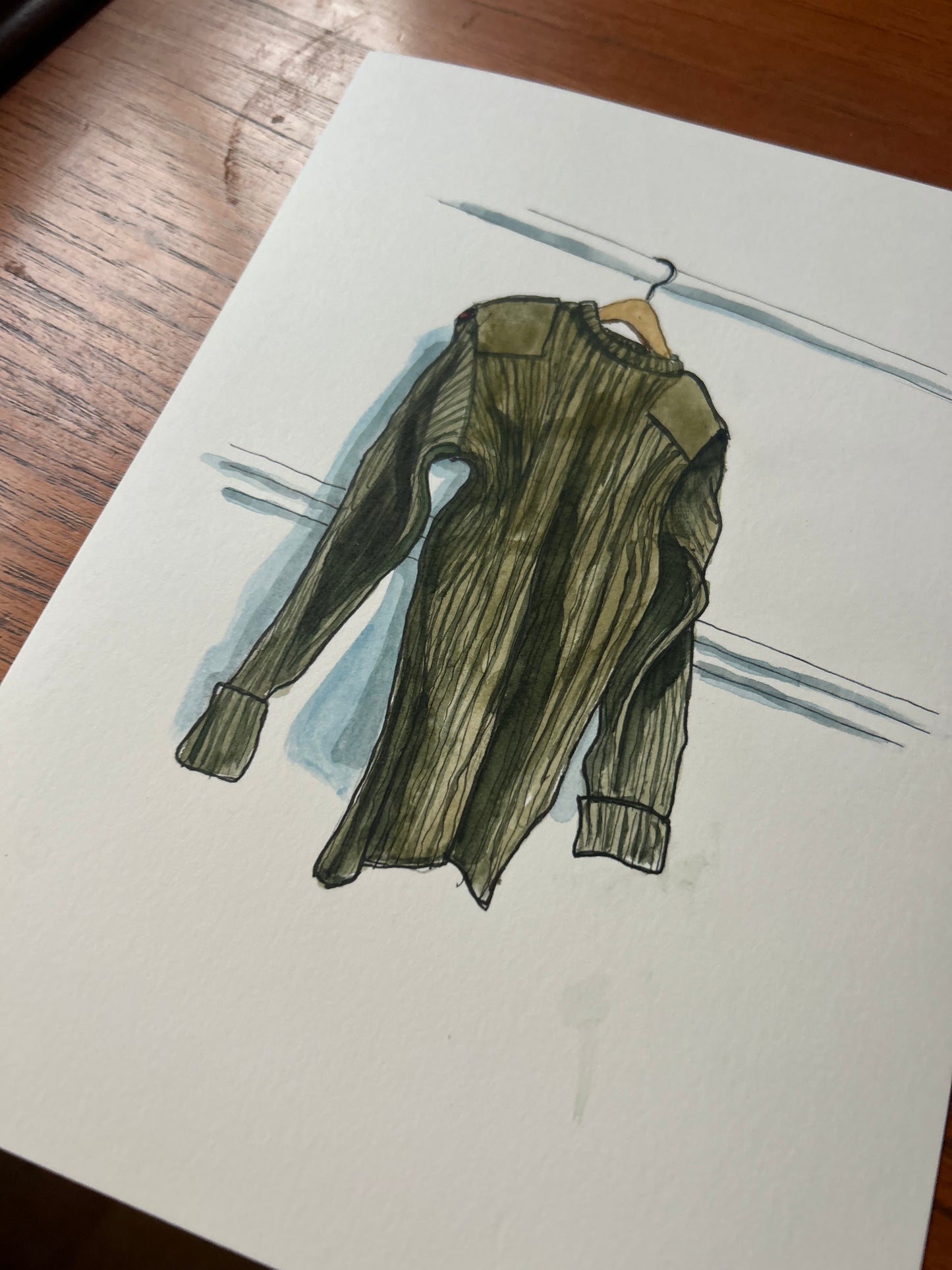 ‘Army Jumper’ illustration. Unused original painting for the book ‘Knit Repair’ by Alexandra Brinck, published by Quadrille/Penguin. Watercolour on paper. 7 x 10 inches.
