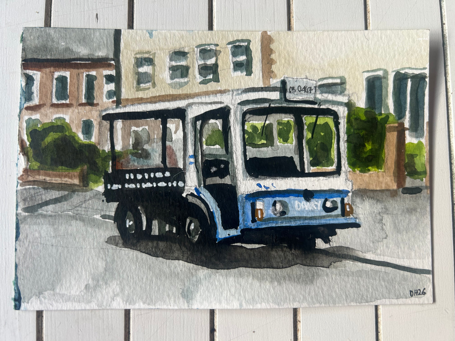 A milk float in Leyland. Postcard Painting. watercolour. (From a photo by Jane Dempsey)