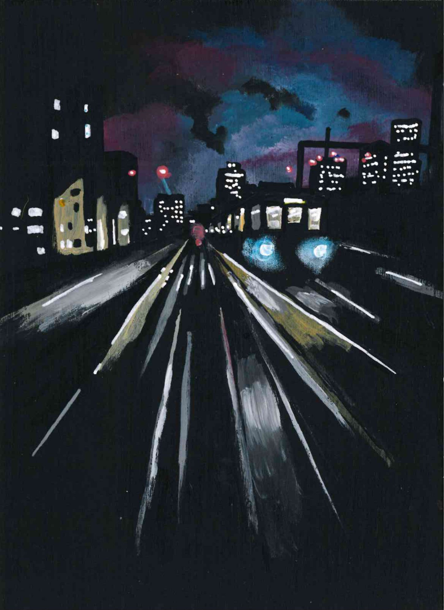 ‘I Drive the DLR’ A5 night painting. Acrylic on board. Framed. 2025