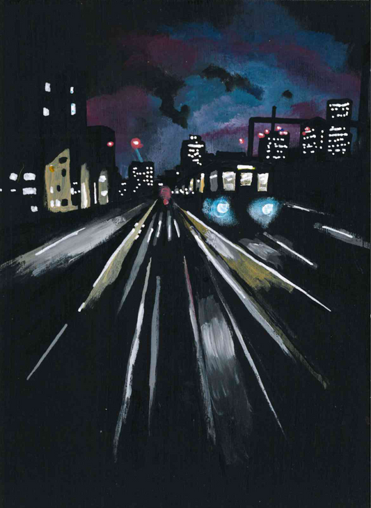 ‘I Drive the DLR’ A5 night painting. Acrylic on board. Framed. 2025